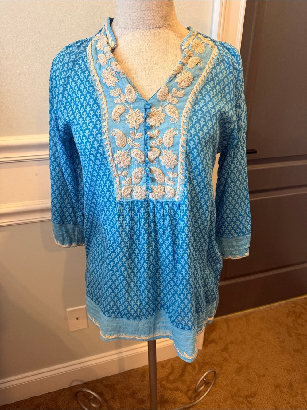 Johnny Was XS Embroidered Blue Women's Tunic Top